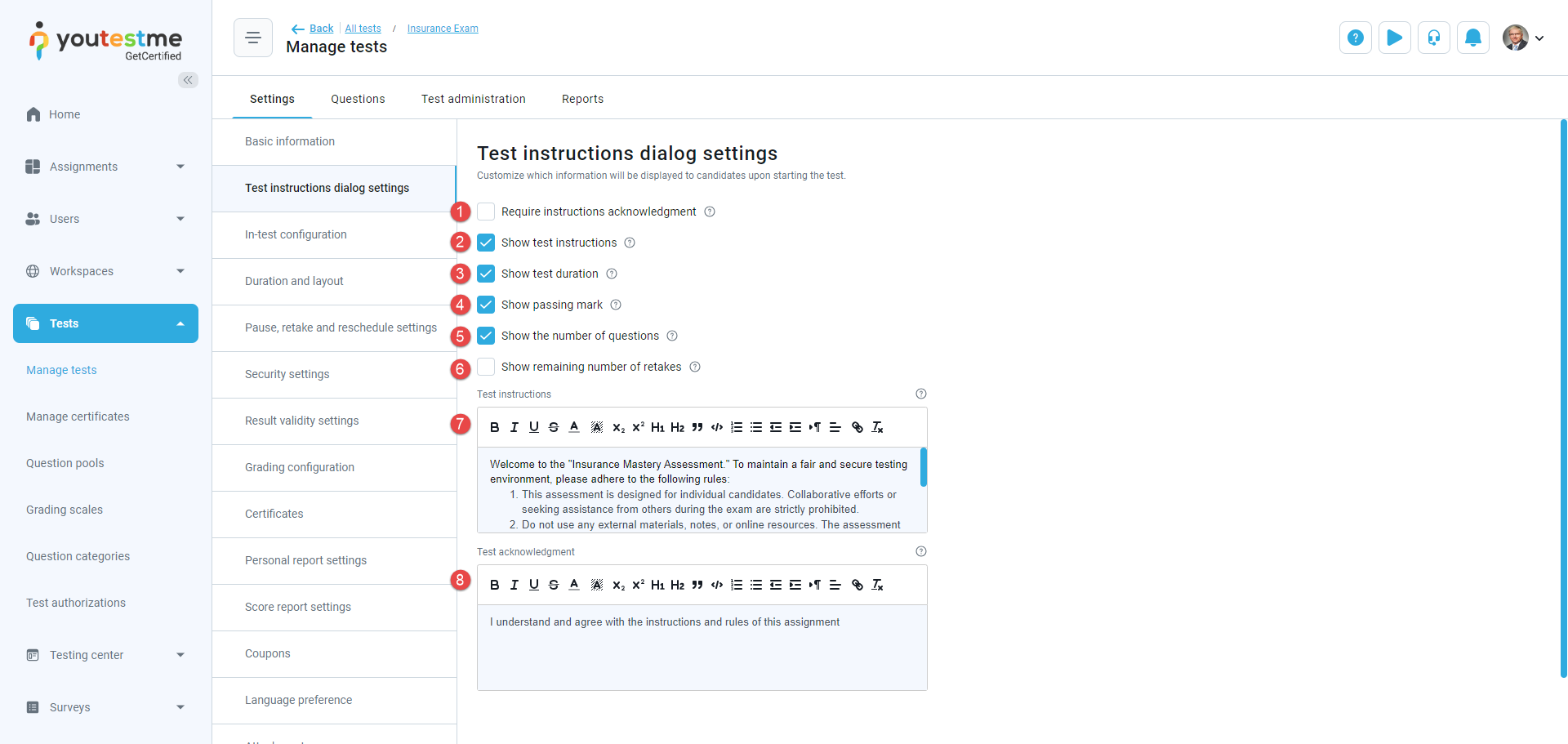 Instructions dialog settings