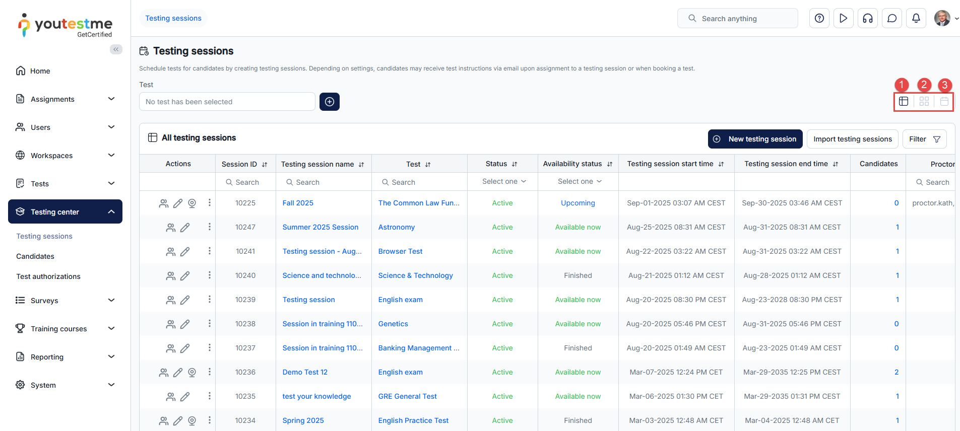 Testing sessions view